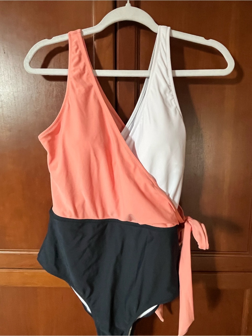 Colorblock Wrap One-Piece Swimsuit - Coral, White & Blue